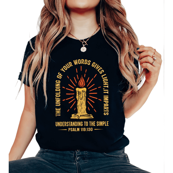 Women Unfolding Of Your Words Graphic Tee Christian Religious T Shirt Top Inspirational Candle Print Short Sleeve Round Neck Black S-5XL