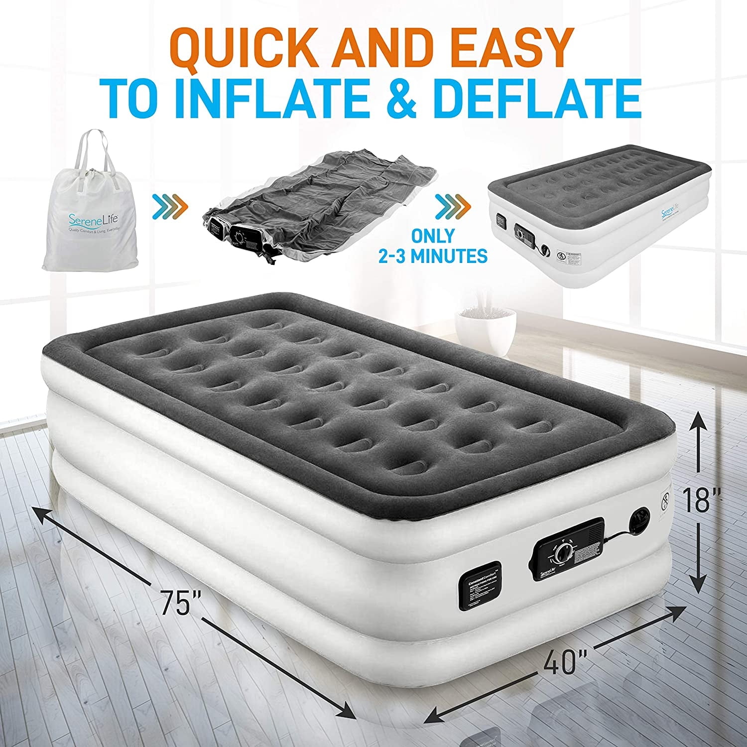 SereneLife Built in Comfort Coil Technology & Internal High-Capacity Pump, Twin Size (Gray)