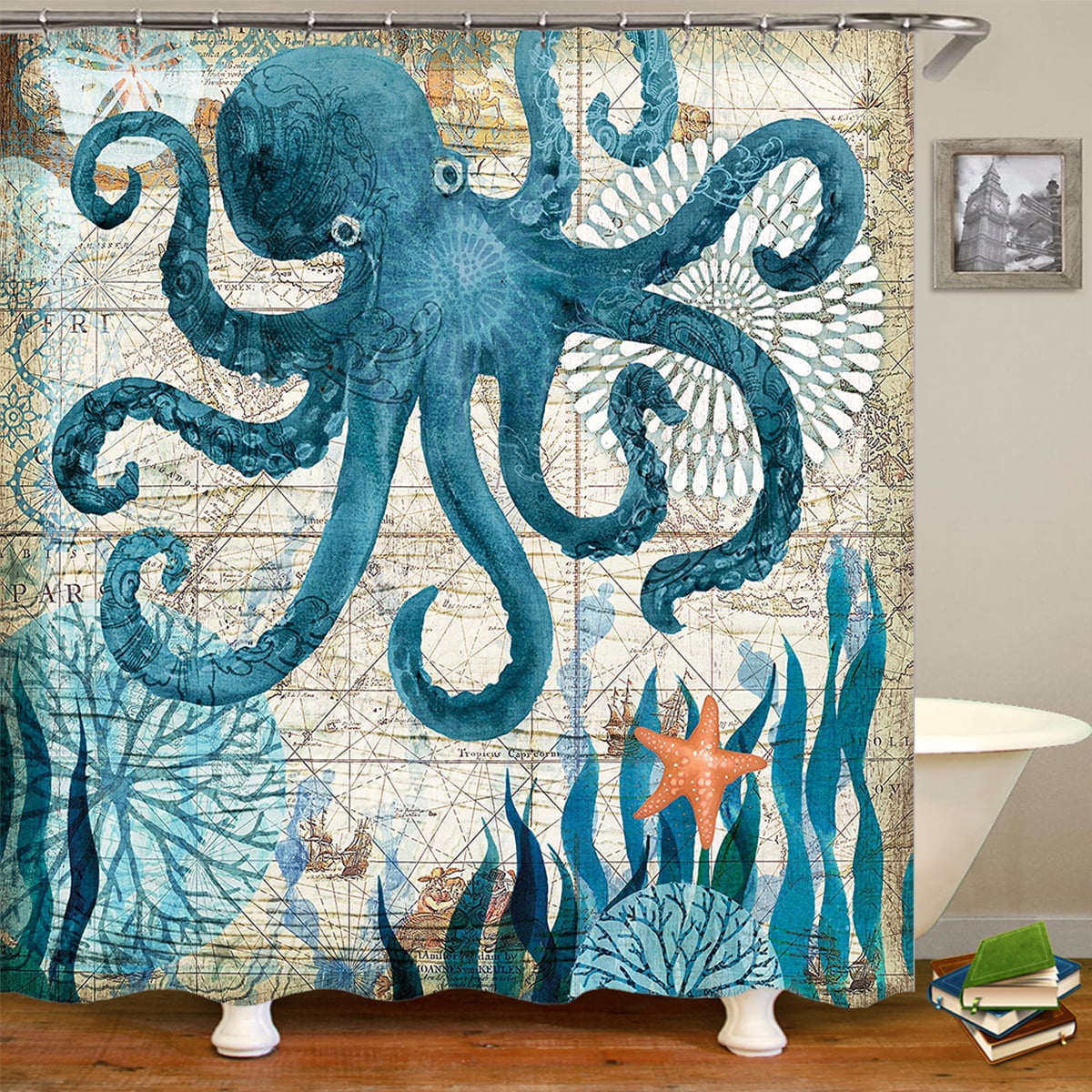 72x72" Ocean Octopus Sailing Ship Bathroom Waterproof Fabric Shower Curtain Set 