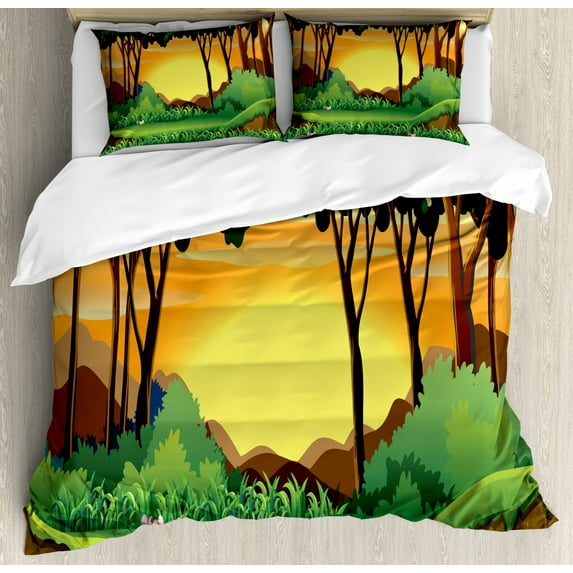 Forest Duvet Cover Set King Size, Cartoon Sunset over Hills Tree Spring Season Inspirations Green Bushes, Decorative 3 Piece Bedding Set with 2 Pillow Shams, Green Caramel Yellow, by Ambesonne