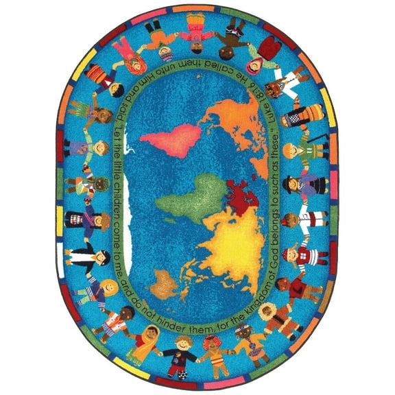 Joy Carpets Kid Essentials Let the Children Come 5'4" x 7'8" Oval Area Rug in Color Multi