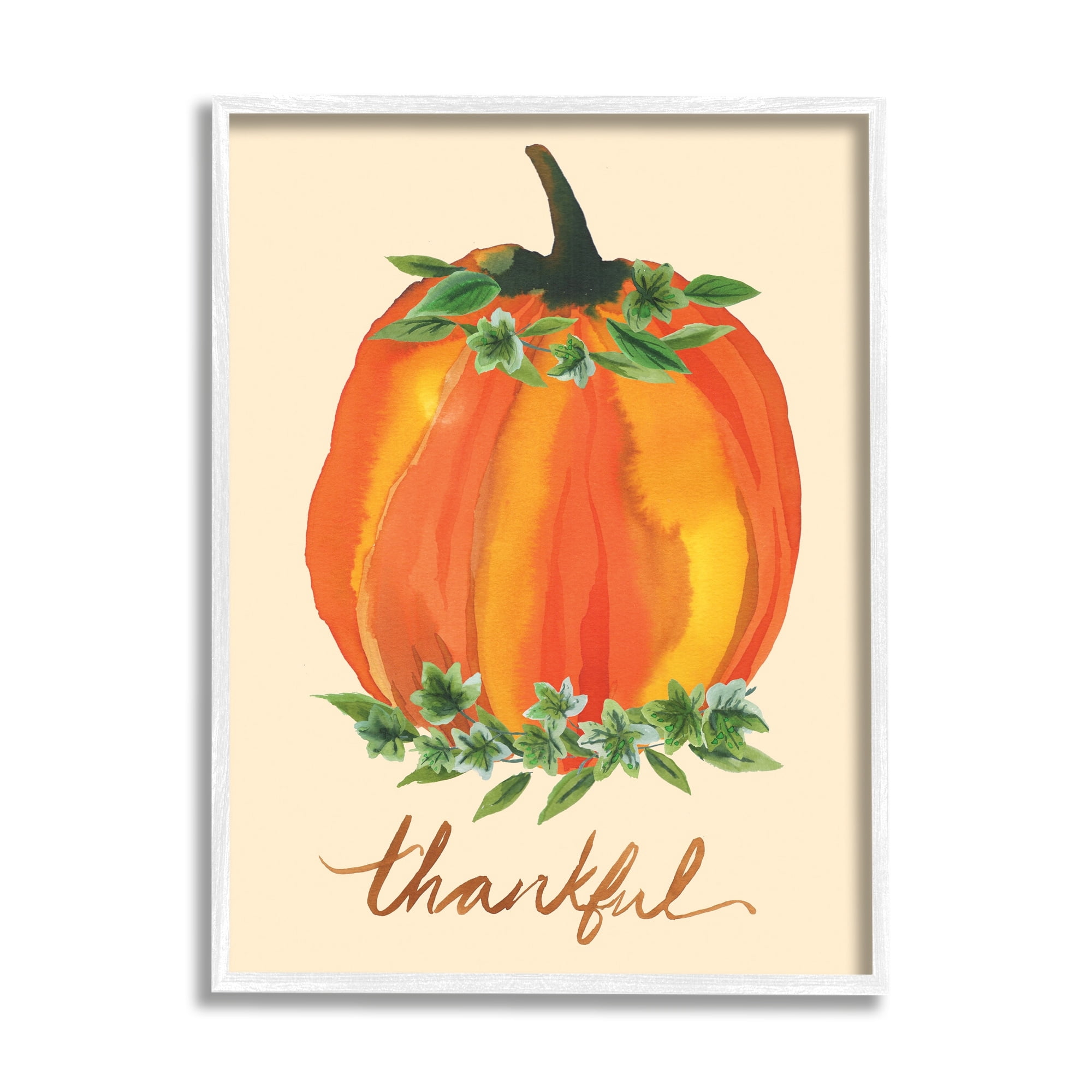 Stupell Industries Thankful Orange Pumpkin Leaf Botanicals Autumn Plants Graphic Art White Framed Art Print Wall Art, Design by Heather McLaughlin