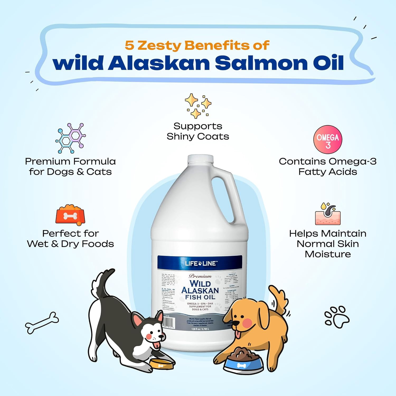 Life Line Pet Nutrition Wild Alaskan Fish Oil Omega-3 Supplement for Skin & Coat – Supports Brain, Eye & Heart Health in Dogs & Cats, 128oz
