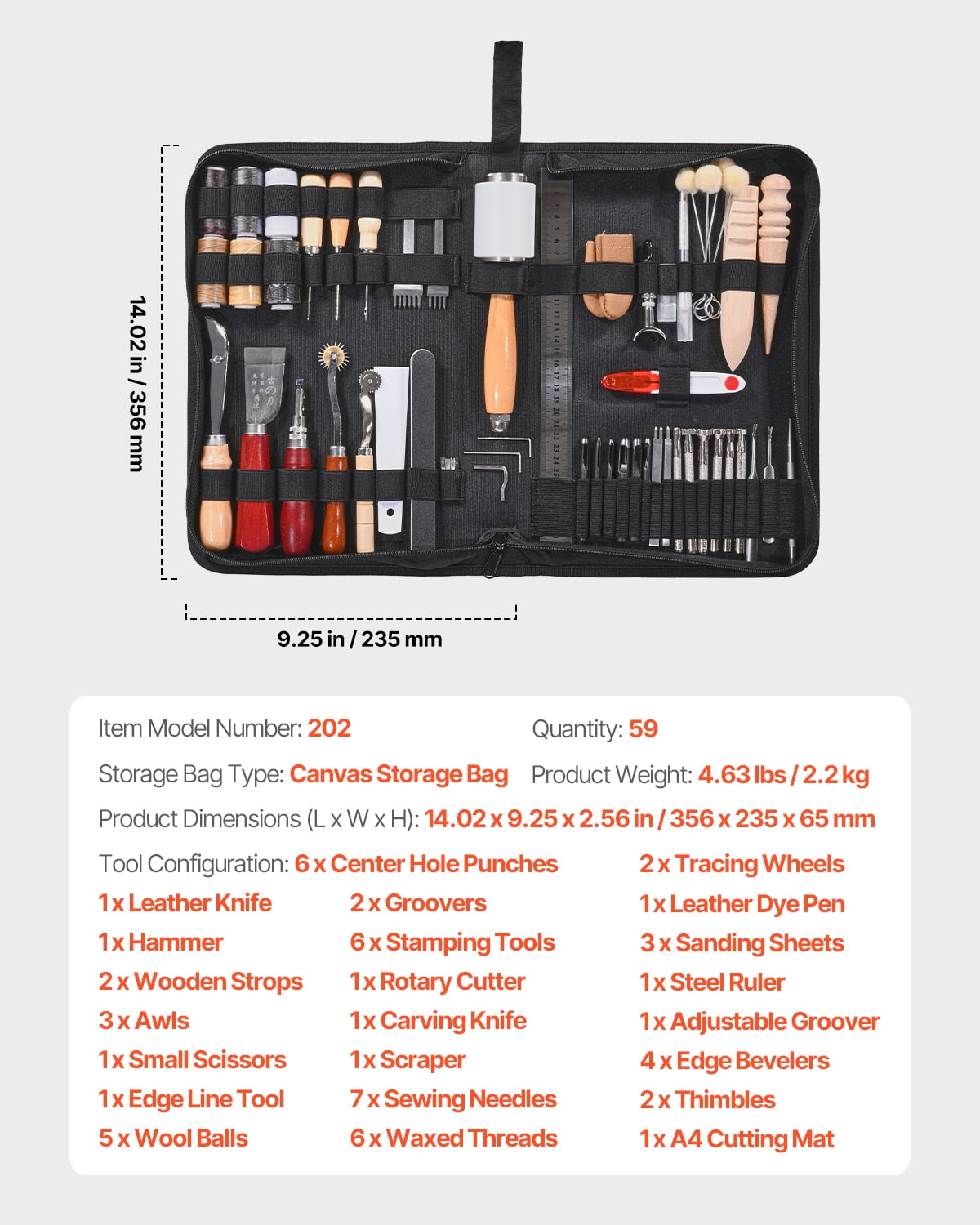 VEVOR Leather Working Tools Kit, 59 PCS Leather Craft Tools with Portable Canvas Storage Bag, Engraving Punching Sewing Stamping Sanding Tools, Ideal for Beginners DIY Enthusiasts and Professionals