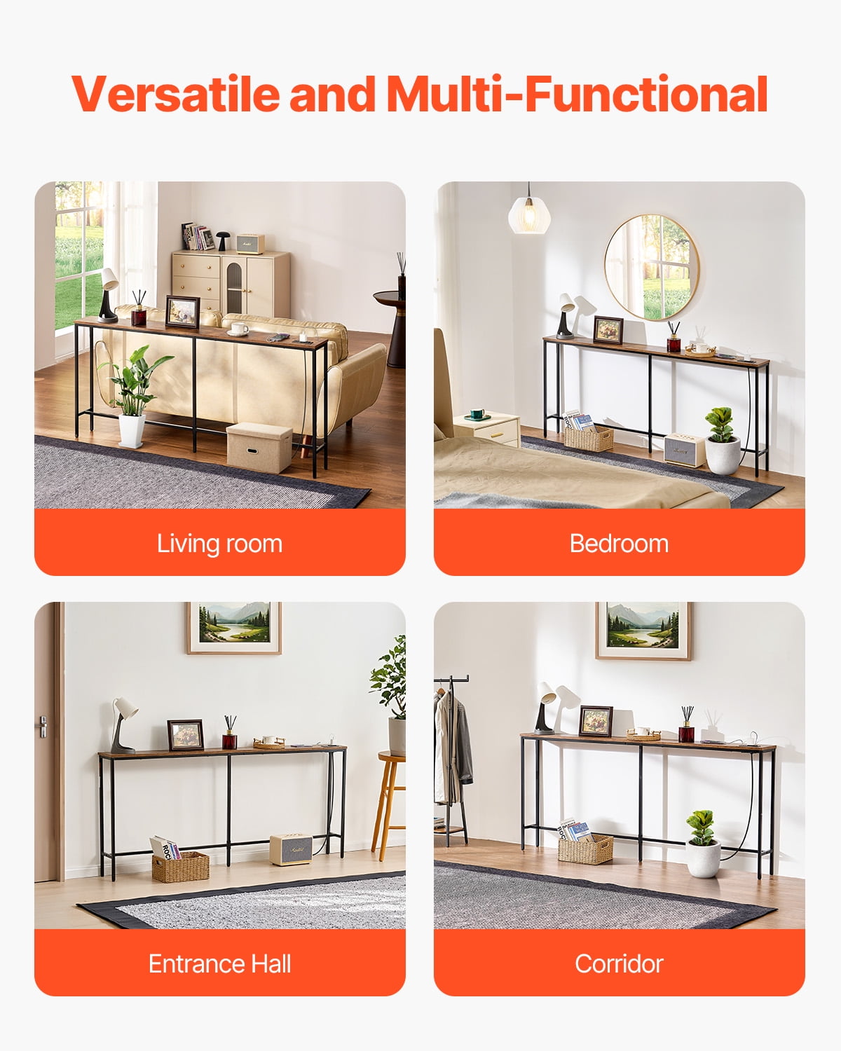 VEVOR Narrow Console Table, 70.9" Behind Couch Table with Power Outlets, 1-Tier Long Entryway Table, Narrow Sofa Table with Metal Frame and Charge Station, for Entryway, Hallway, Living Room