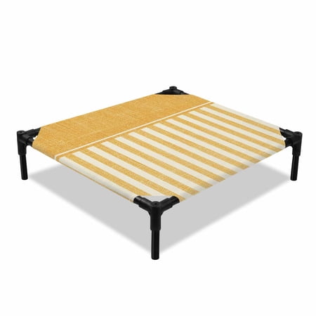 Vertical Stripes Elevated Dog Bed Rustic Minimalist Yellow Lines Linen Texture Cooling Breathable Outdoor Raised Dog Cot Bed with Metal Frame Non-Slip Feet for Small Dog 20x20in