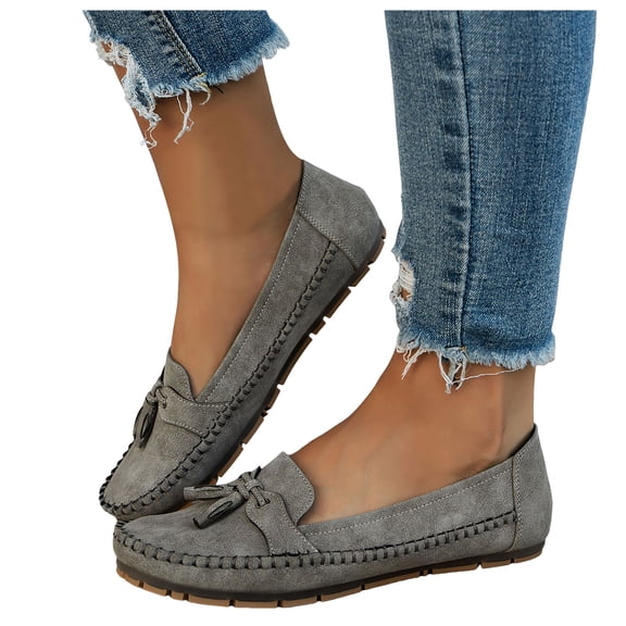 Womens Penny Loafers Casual Slip on Orthopedic Shoes with Arch Support Round Toe Stitching Tassel Nonslip Moccasin Driving Shoes Grey Size 7