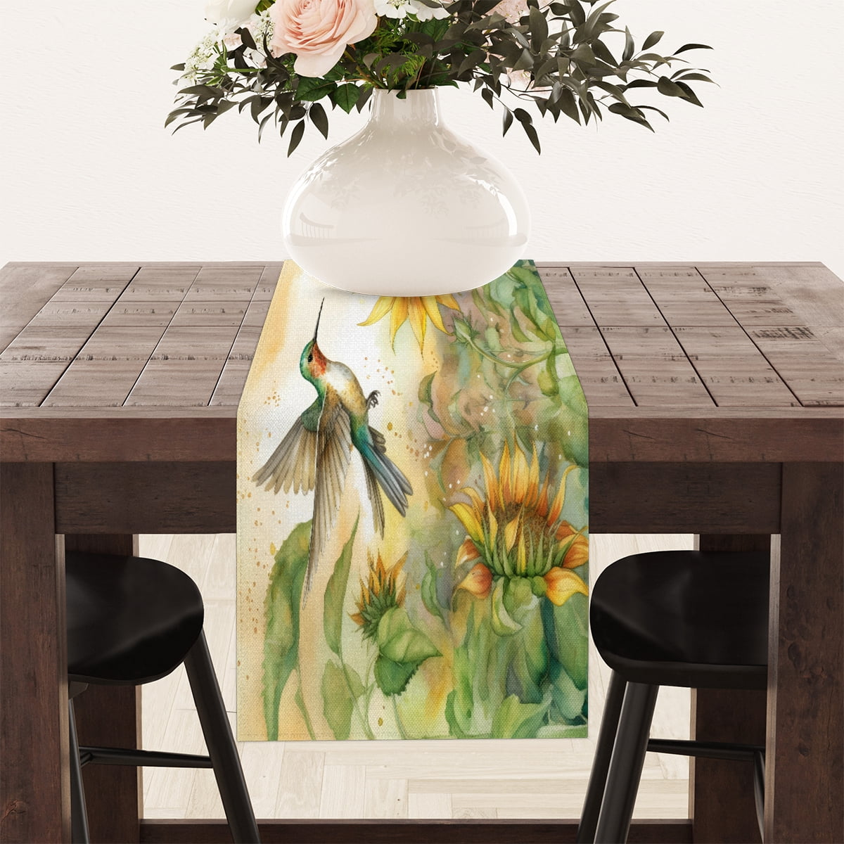 Qzaxky table runner Hummingbirds Print 13 x 48 Inch, Spring Summer Table Runner Green Floral Table Runner Decoration for Indoor Outdoor Home Dinner Party Wedding Decor