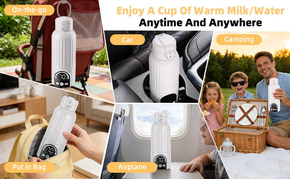 Portable Baby Bottle Warmer for Travel, 120W Fast Heating Breast Milk Warmer with 12000mAh Battery, 500ml, 2 Modes & Temp Control, On-the-Go Warmer with Cleaning Brush (White) for Newborns & Infants