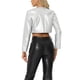 thumbnail image 3 of Chaquetas cortas de cuero PU Inspire Chic para mujer, chaqueta de manga larga de frente abierto, XS, plateada, 3 of 6
