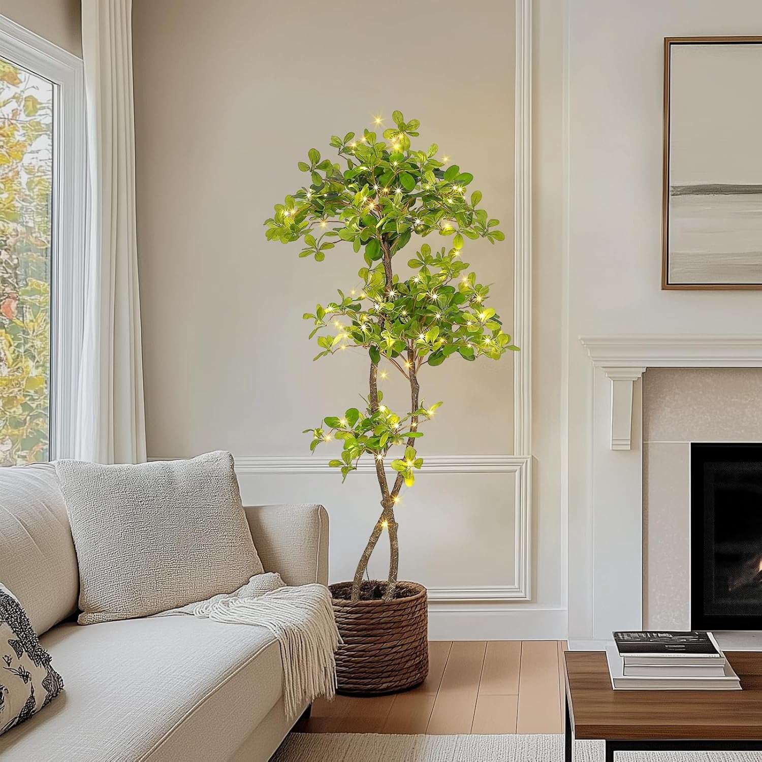 Trilenars Artificial Black Olive Tree,5Ft Tall Faux Olive Tree in Pot with 2 Tier,Fake Plants with 50 Lights and Dimmer for Indoor Living Room