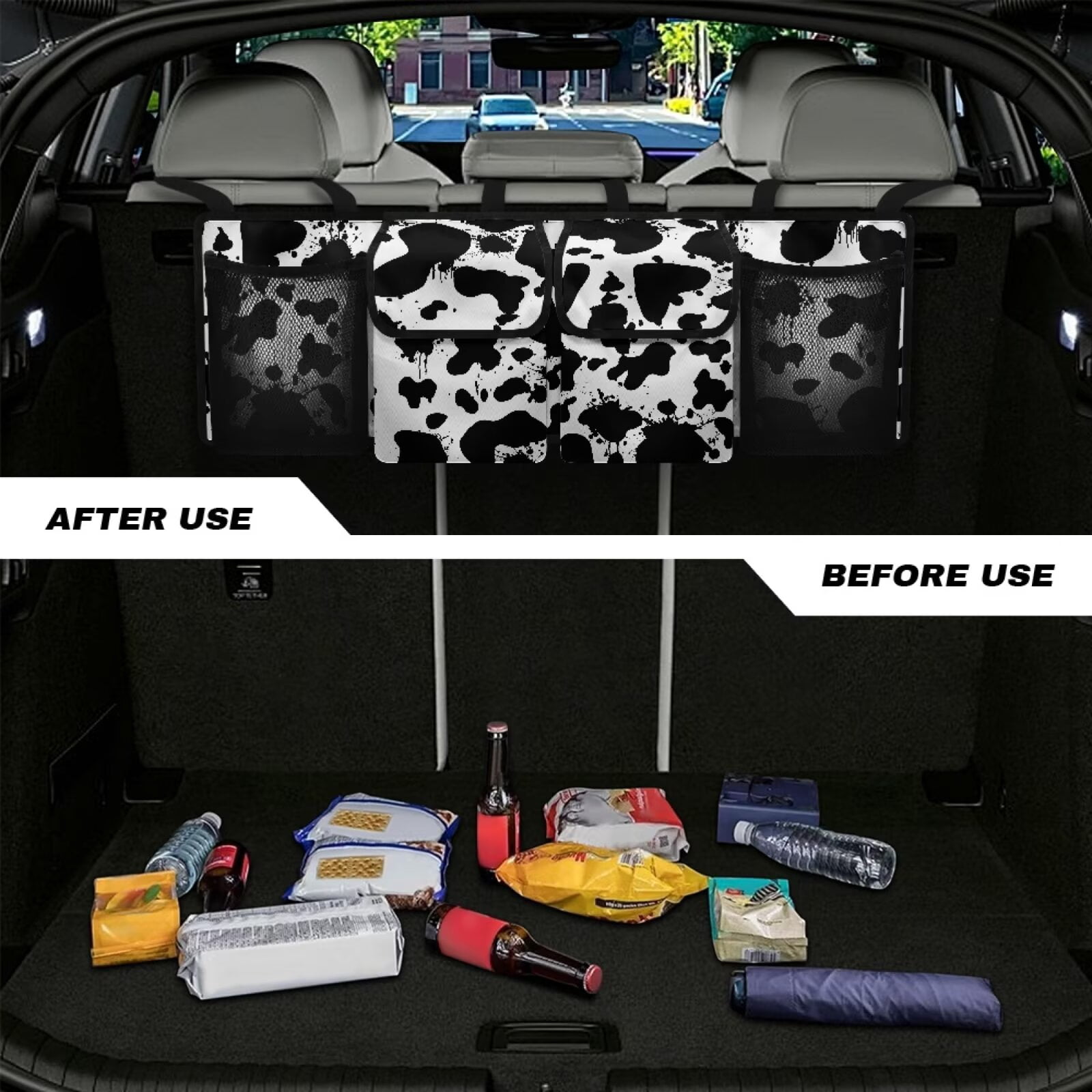 KUIFORTI Car Trunk Hanging Organizer, Cow Print Car Trunk Organizers for Women Car Interior Accessories with 2 Pockets & 2 Mesh Pouches, Will Provide More Space for SUV, MPVs, Trucks, Vans, Sedans