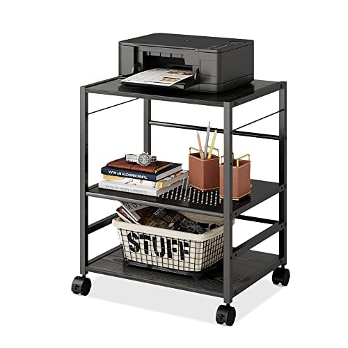 DEVAISE Support d'Imprimante Mobile à 3 Tablettes avec Tablettes Ajustables, Chariot d'Imprimante Moderne avec Grand Espace de Rangement, Support d'Imprimante pour Bureau à Domicile, Noir