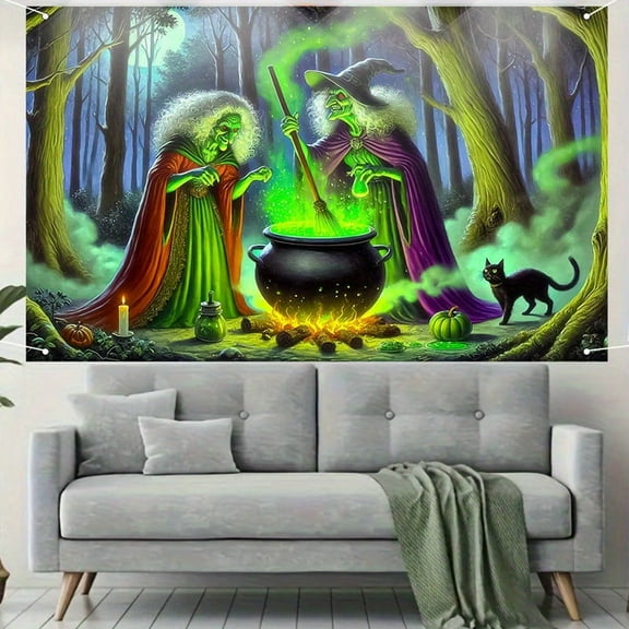 1 PC, 2D Flat Halloween Witch Magic Forest Banner 70.87x43.31 inches (180x110cm), universal daily wall decoration, elegant daily front door decoration, party banner, decorative flag, home kitchen win