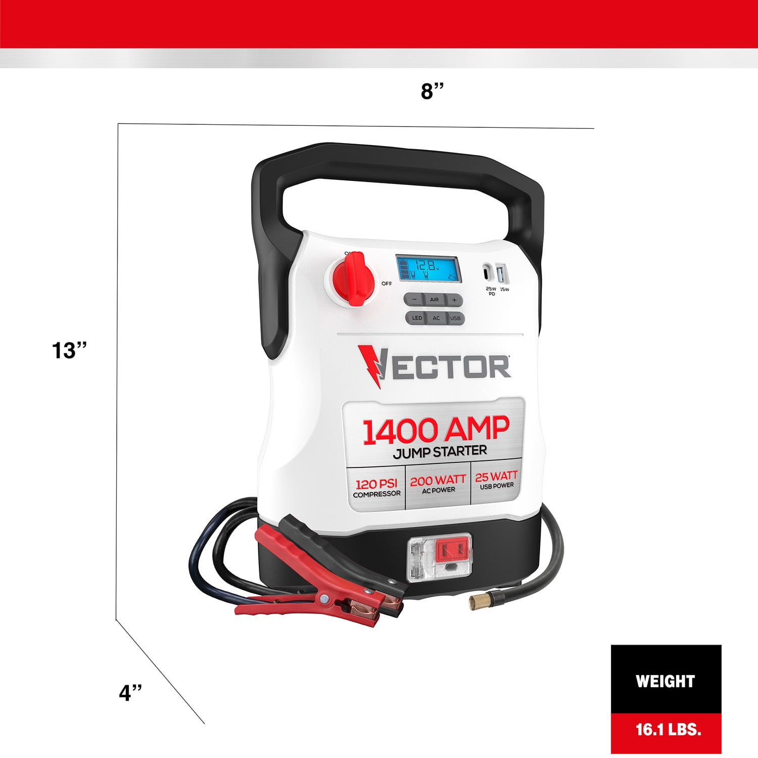 Vector Portable Car Jump Starter, 120-PSI Air Compressor, and USB Power Bank with 1,400-Amp Peak for V8 Cars/Trucks, AC Outlet, Clamps, LED