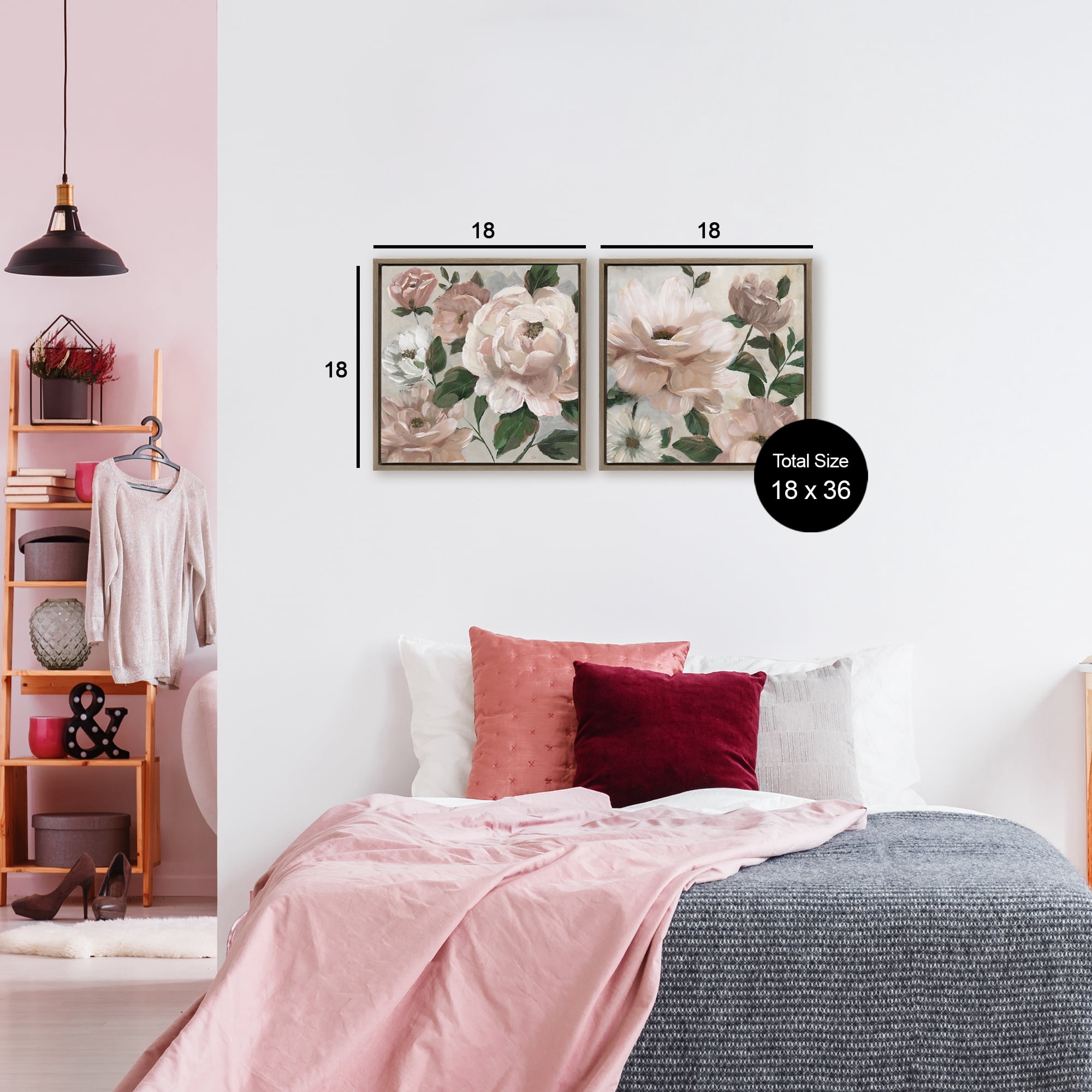 Stupell Industries Elegant Blush Peonies & Leaves 2 Piece Brown Framed Floater Canvas Set, design by Nan