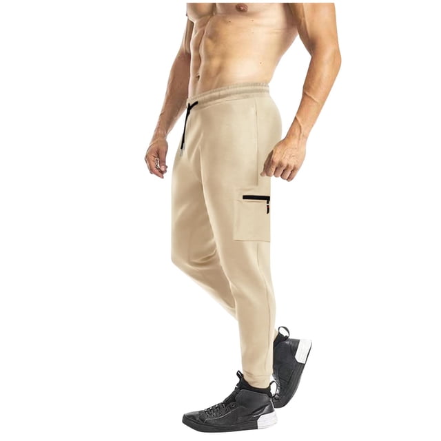 Pantalones largos de moda para hombre, casuales, de color sólido, con bolsillos y cremallera, cintura elástica, de poliéster.