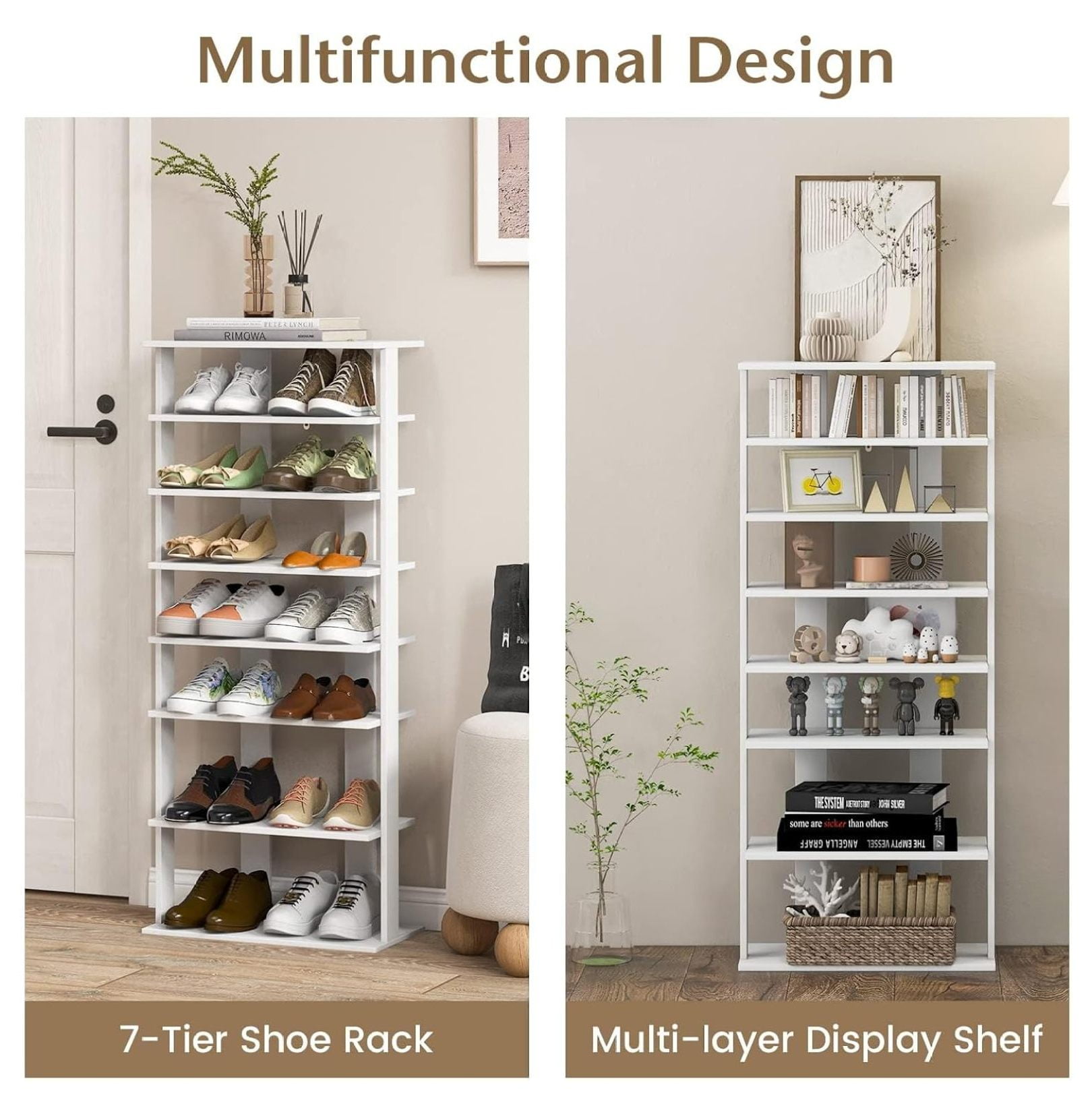 7 Tiers Vertical Shoe Rack, Wooden Slim Shoe Storage Shelf, Narrow Shoe Stand Tower for Boots, Space Saving Shoe Organizer for Closet, Entryway, Front Door (Large, White)