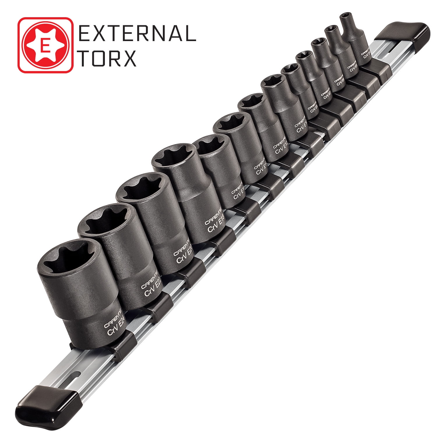 Carbyne 13-Piece External Torx (E-Torx) Socket Set, E4 to E24, CrV Steel, Manganese Phosphate Finish, 1/4 3/8 1/2 in. Drive, Laser Etched