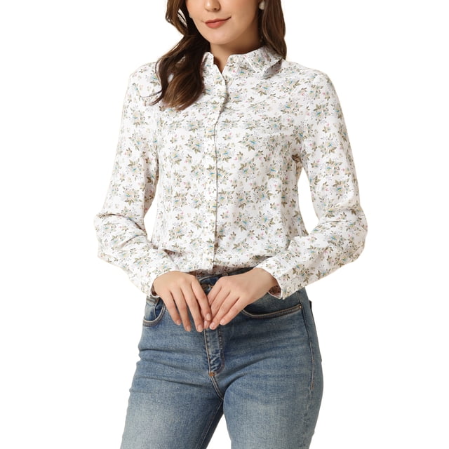 INSPIRE CHIC Women's Button Down Shirt Ditsy Floral Long Sleeve Point Collar Office Top L White1