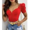 thumbnail image 1 of Qmyliery Women Short Puff Sleeve Tops, Summer V Neck Solid Color Zip Up Slim Fit T-Shirts,S/M/L/XL, 1 of 8