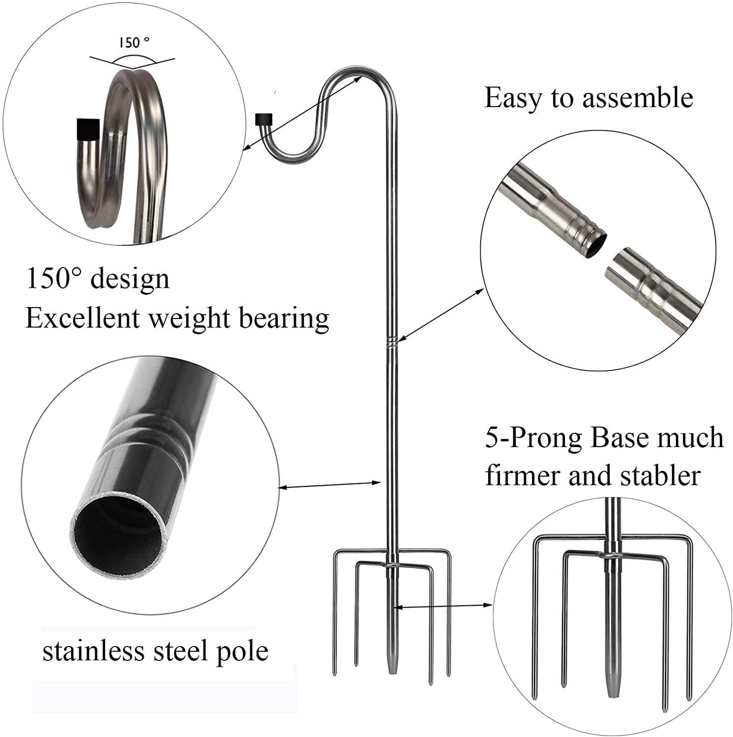 Shepherds Hook for Outdoor, 78 Inch Tall & 5/8 Diameter Stainless Steel Heavy Duty Poles to Hang Outdoor Lights with 5 Prongs Base, Suitable Bird Feeders or Wedding Decors(1pack)