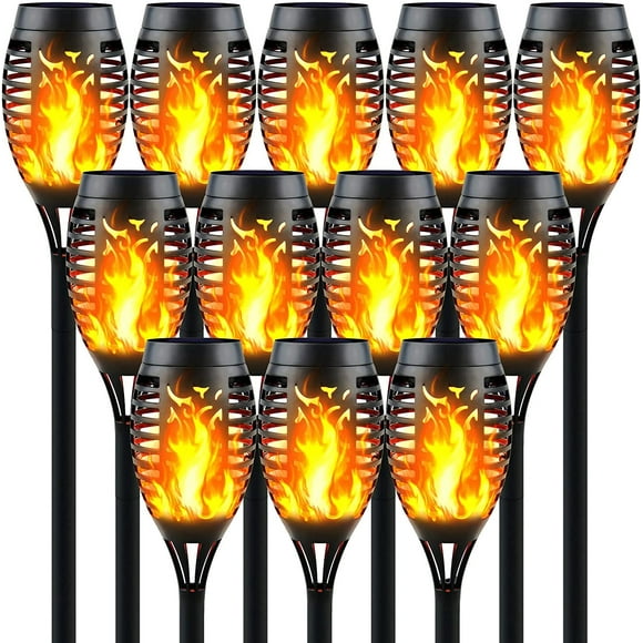 SHIJIU-12LED Solar Tiki Torches with Flickering Flame, Solar-Powered Flameless Torch Lights, IP65 Weatherproof & Auto Dusk-to-Dawn Sensor, Outdoor Lighting for Garden, Patio & Pathway (12 Pack)