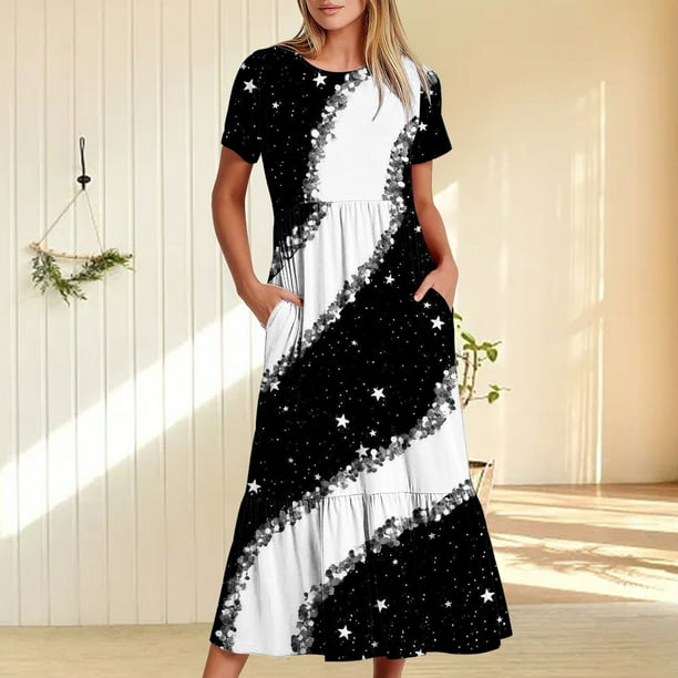 Puntoco Vestido Midi De Moda Para Mujer Vestido Con Cuello Redondo Y Manga Corta Con Dos Bolsillos En Capas Y Estampado De Estrellas Brillantes Negro S,Regalos Para Mujer Joven