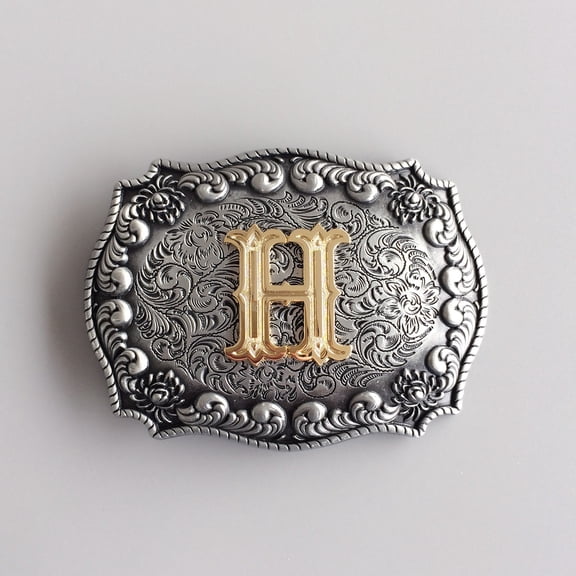 Antique Silver With Gold Initial Letter H Cowboy Cowgirl Belt Buckle also Stock in the US