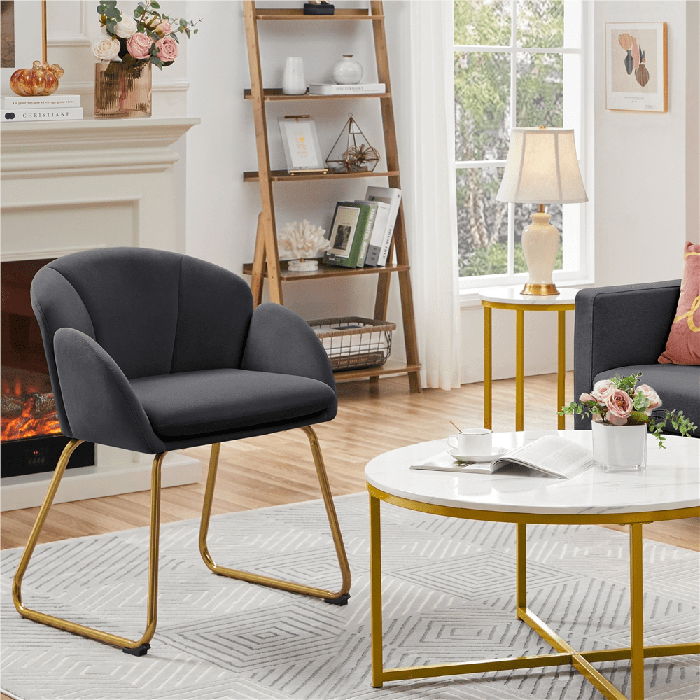 Alden Design Glam Velvet Accent Chair with Golden Metal Legs, Dark Gray