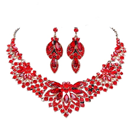 AYYUFE 1 Set Earrings Necklace Set Green Faux Crystal Jewelry Set for Women Wedding Party Accessories Dazzling Stud Earrings Necklace Gift Giving Red