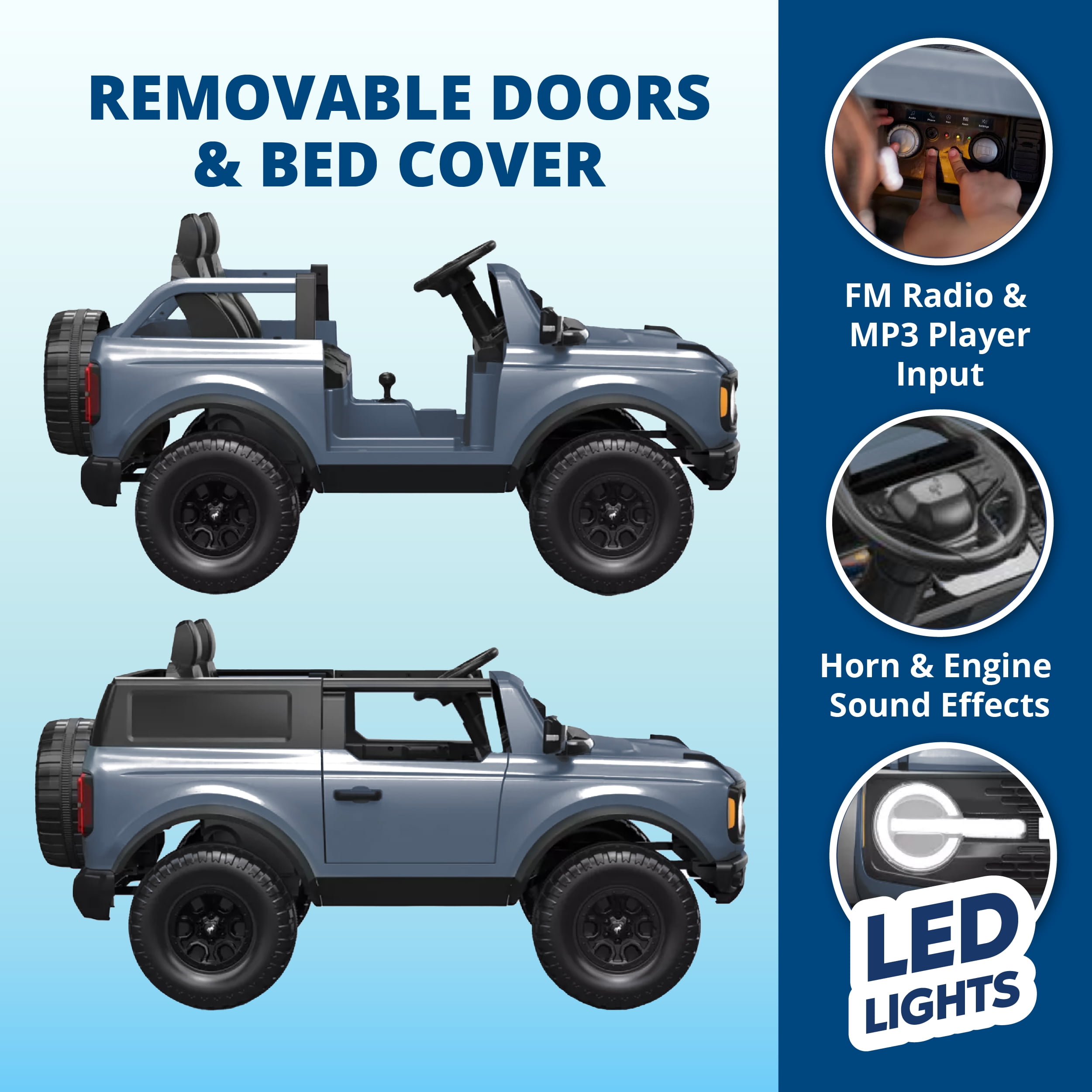 Kid Trax 12V Ford Bronco Ride-On Toy for Ages 3-7, Battery Powered, LED Headlights, FM Radio, MP3, Horn, 2-Seater, Max Weight 130 lb, 2 Speeds, Electric Car for Kids, Kids Ride on Toys, No Remote