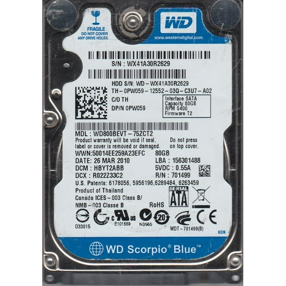 WD800BEVT-75ZCT2, DCM HBYT2ABB, Western Digital 80GB SATA 2.5 Hard Drive
