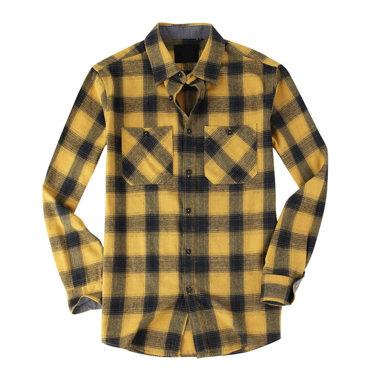 ZXHACSJ Mens Button Down Shirt Casual Flannel Plaid Slim Fit Long Sleeve  Spread Collar Lightweight Tops Yellow XXL