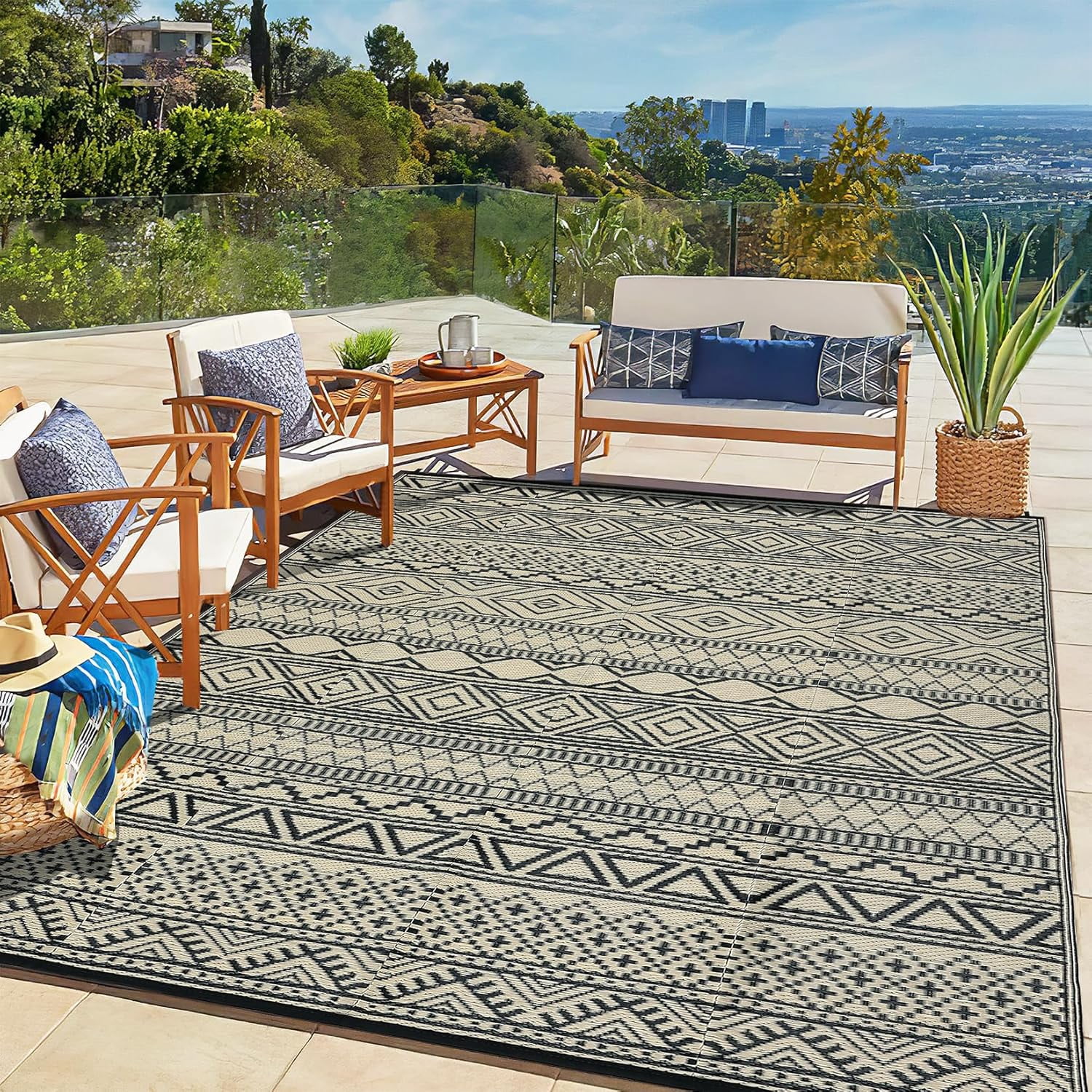 Twister.CK 9' x 12' Plastic Outdoor Rugs, Waterproof Bohemia Straw Rug Reversible Outside Carpet for Patio Deck Porch Backyard Camping Picnic Beach, Black & Brown