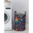 thumbnail image 3 of Christmas Laundry Bag, Cheerful Holiday Theme Pine Trees Ornaments Pattern on Dark Background, Basket with Handles Drawstring Closure for Laundromats, 13" x 19", Quartz and Multicolor, by Ambesonne, 3 of 4