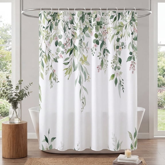 Annvchi Watercolor Greenery Floral Shower Curtain, 72 x 72 Inch Botanical Hanging Leaves Bathroom Curtain with Soft Floral Design, Includes 12 Hooks