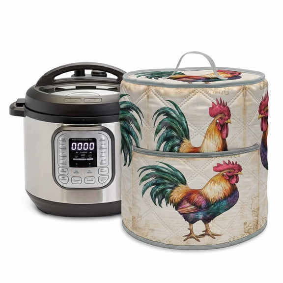 Rooster Pressure Cooker Cover Farm Chicken Rustic Animal Dust Cover for Kitchen Appliances with Top Handle & Storage Pockets, Fits 6 Quart Instant Pot, Air Fryer, Crock Pot