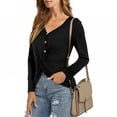 thumbnail image 2 of Women T Shirt Solid Color Casual Base Slim V Neck Top Pullovers Twisting Pleated Top Button Decoration, 2 of 6