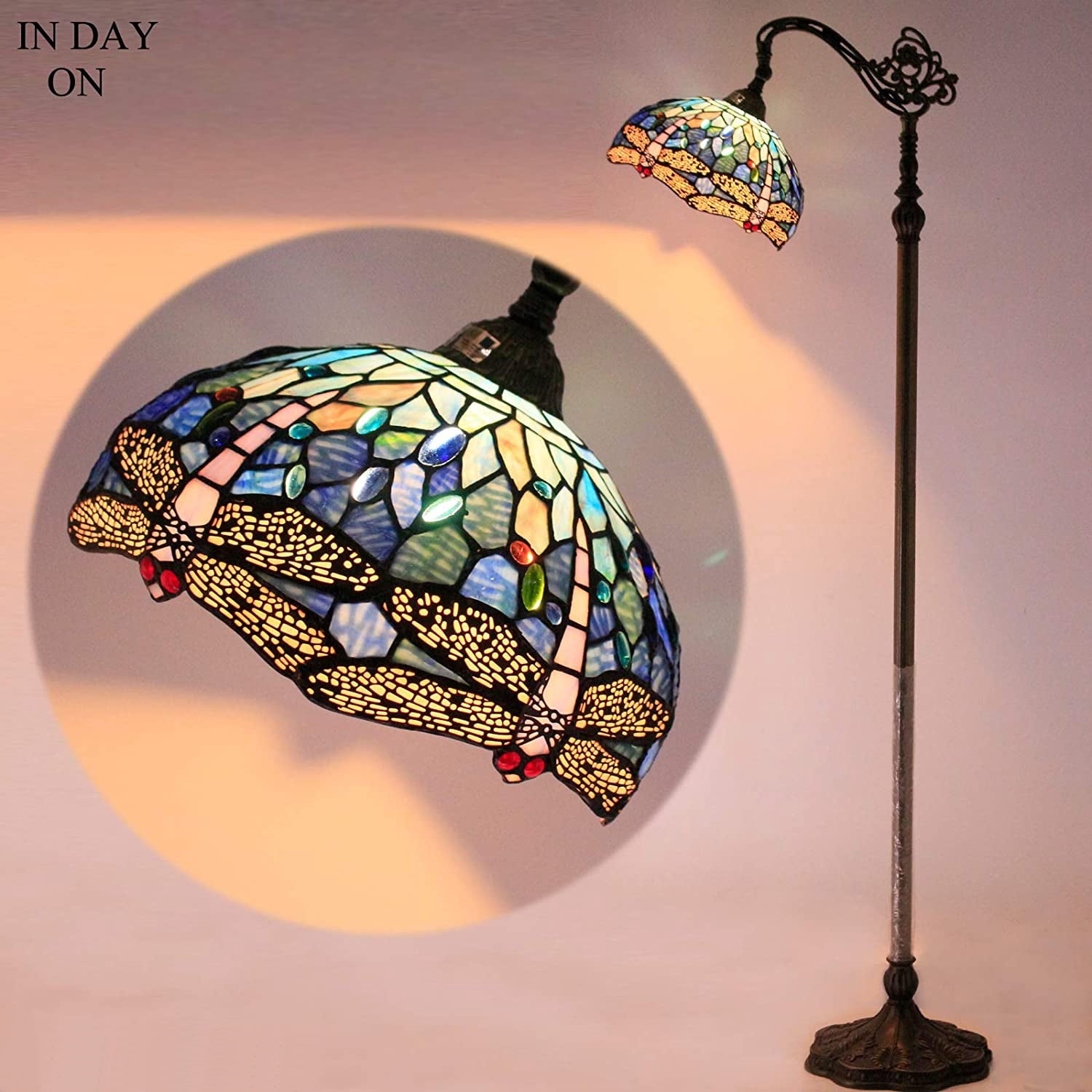 Tiffany Floor Lamp 64"Tall Industrial Pole Vintage Boho Blue Stained Glass Dragonfly Standing Corner Bright Reading Light LED Arched Gooseneck Adjustable Living Room Kids Bedroom Farmhouse