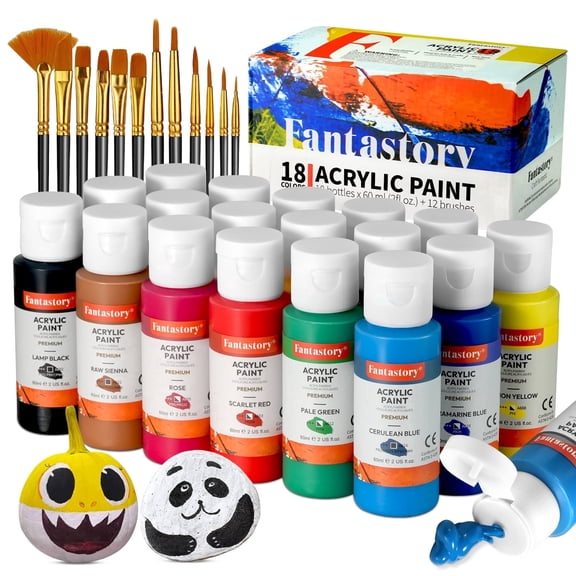 Fantastory 2 fl oz Acrylic Craft Paint Set, 18 Assorted Colors with 12 Brushes, 30 Piece