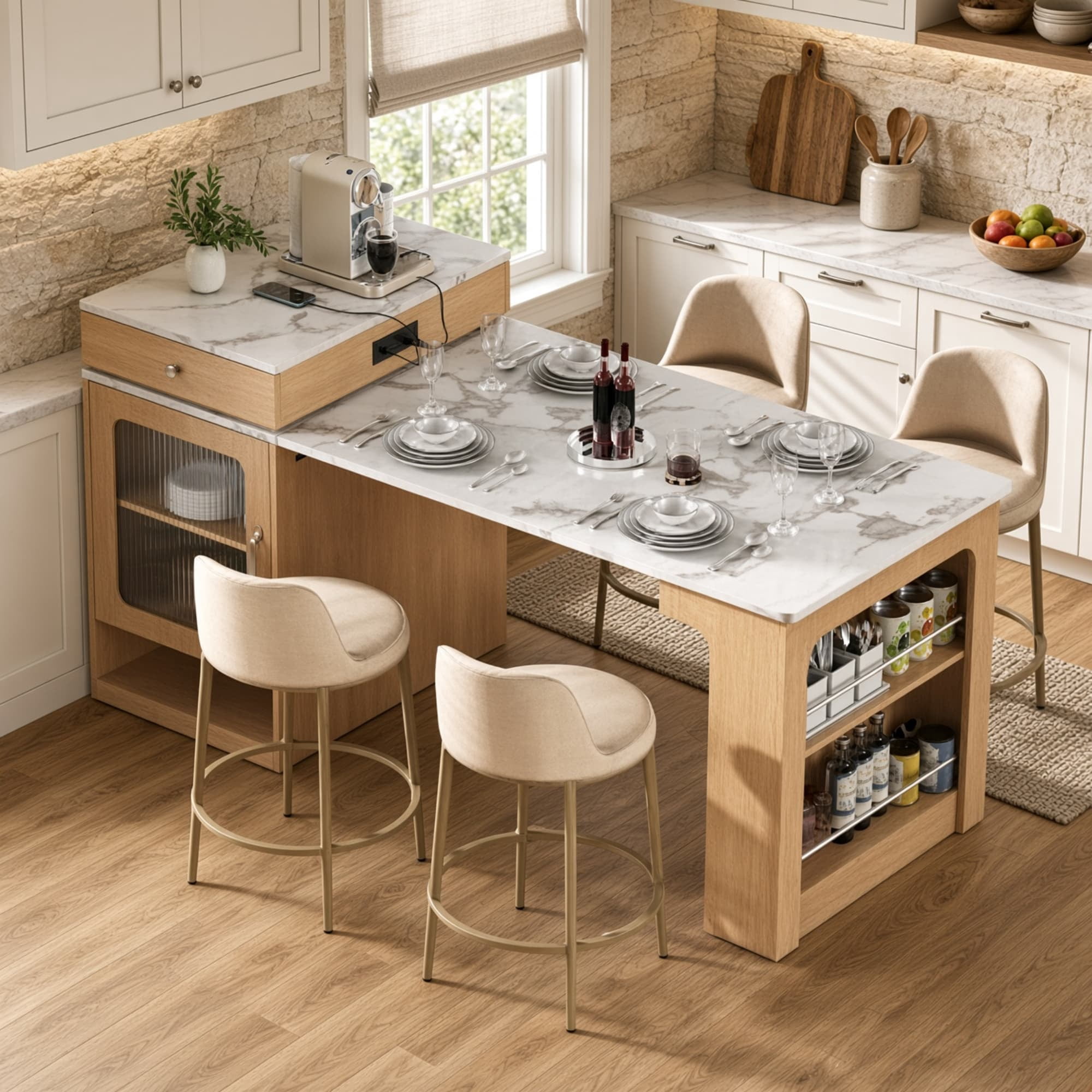 59.5 Inch Kitchen Island with Extendable Dining Table Double-Sided Storage Power Outlet and 2 Drawers Natural