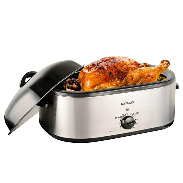 Horno asador eléctrico de 22 cuartos, asador de pavo con diseño de tapa autoadhesiva, horno asador de pavo eléctrico grande de acero inoxidable para pavos de hasta 26 lb