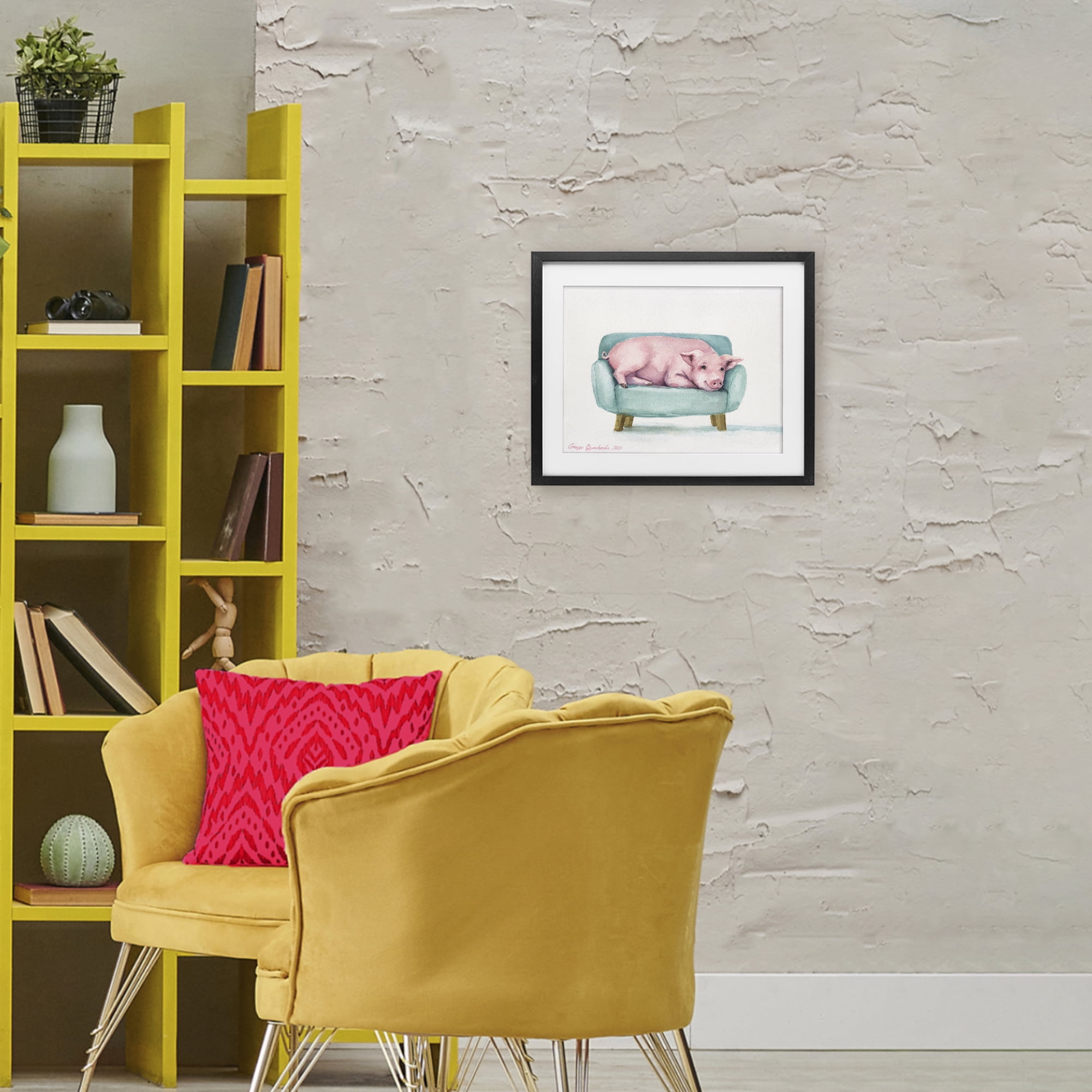 Stupell Industries Cute Piglet on Armchair Black Framed Print Under Glass, design by George Dyachenko
