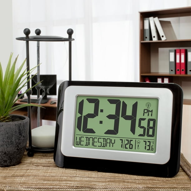 MainStays Black Atomic Digital Calendar Desk Alarm Clock with