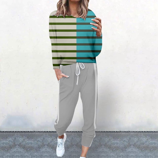 VBARHMQRT Tenues Orange pour Femmes Tenues des Années 80 pour Femmes Mode Féminine à Rayures Color Block Col Rond Manches Longues Pantalon Décontracté à Lacets Ensemble Deux