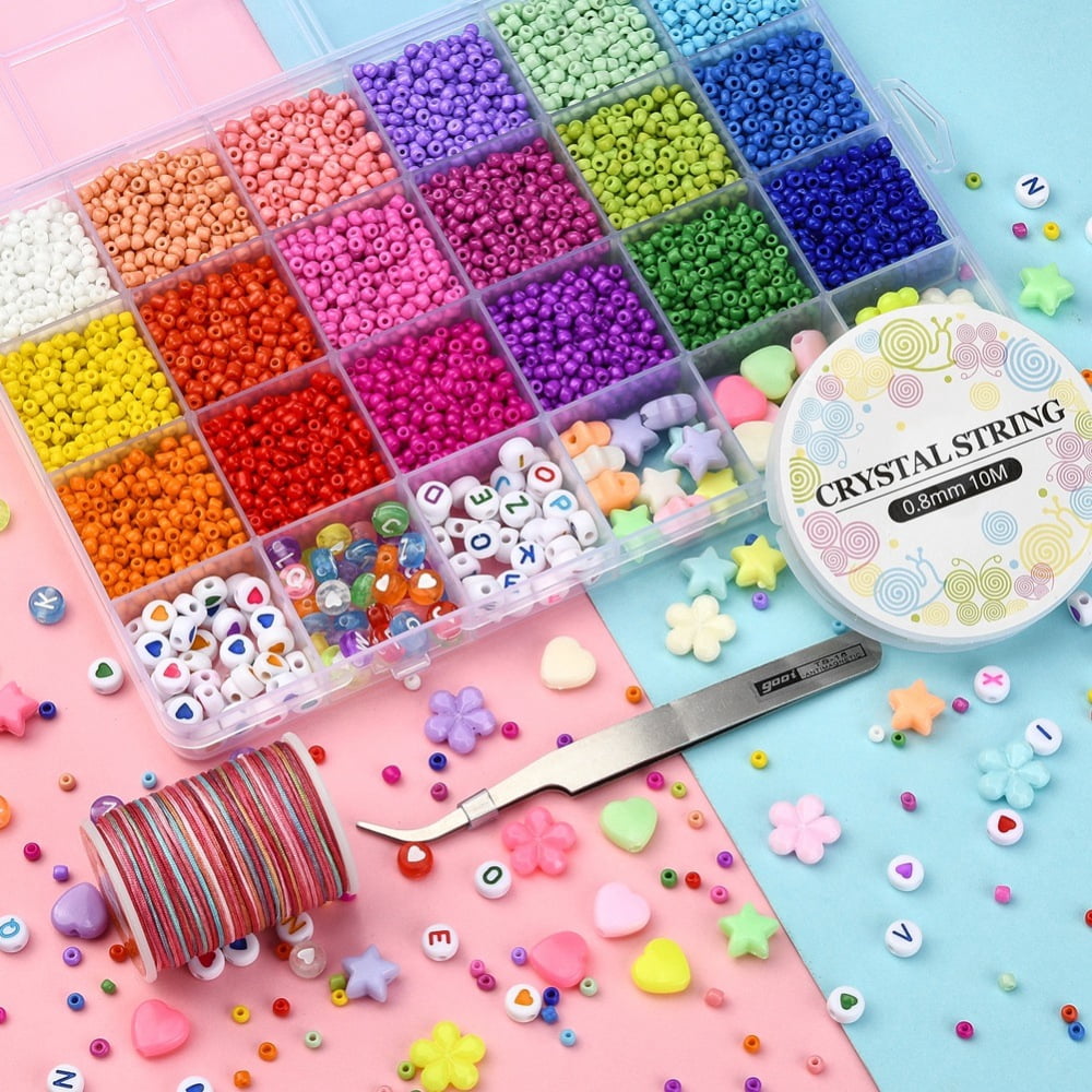 1set color Bracelet Making Kit Including Glass Seed Beads Heart and Letter Pattern & Flower & Star Acrylic Beads Tweezers Mixed color Glass Seed Beads: 5616pcs/box