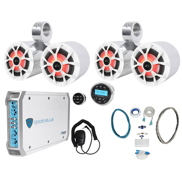 (2) Rockville Dual 6.5" Marine Wakeboard LED Speakers+Receiver