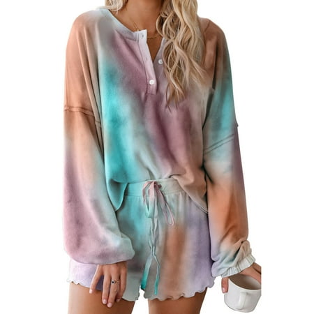 

Lookwoild Women Pajama Set Tie-Dye Long Sleeve Top Ruffled Shorts Loungewear