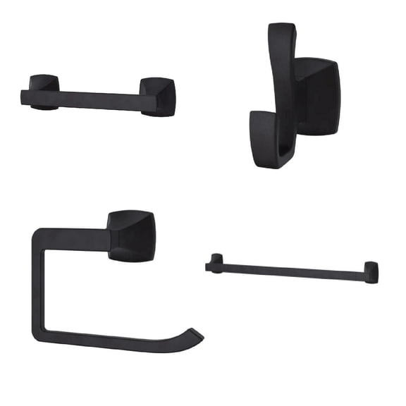 Venturi Matte 4-Piece Black Bath Hardware Set: 24 in. Towel Bar, Towel Ring, Toilet Paper Holder, Robe Hook